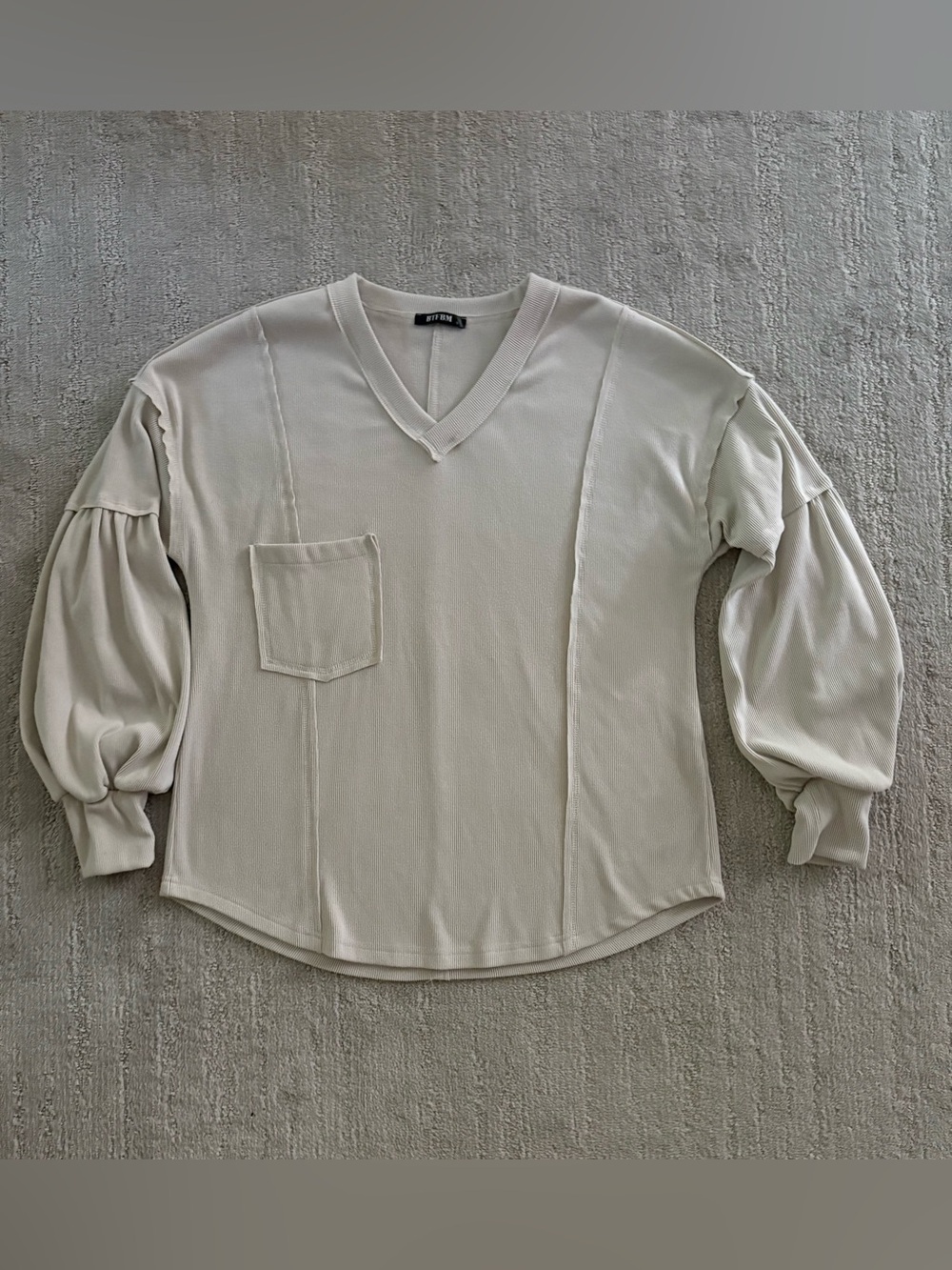 Boho BTFBM Cream Patchwork V-Neck Sweatshirt Pullover Top With Pocket Neutral B